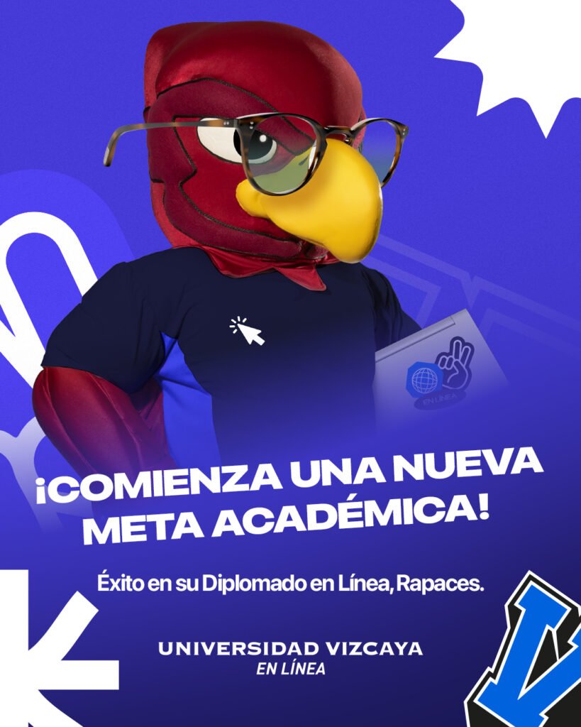 Mascota de la Universidad Vizcaya, un águila rapaz con lentes, sosteniendo un cuaderno digital con el texto 'EN LÍNEA', sobre un fondo azul. Mensaje clave: '¡COMIENZA UNA NUEVA META ACADÉMICA!' Promoción de Diplomado en Línea.