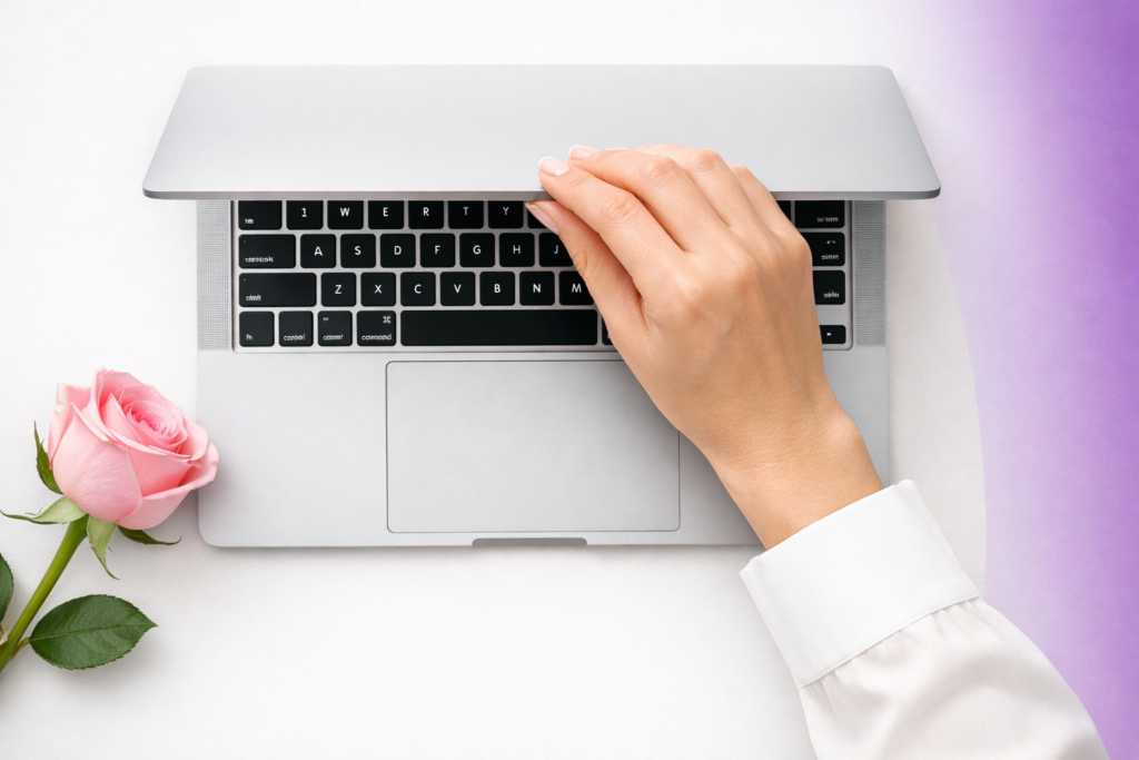 Vista cenital de una mano femenina cerrando o abriendo una laptop plateada sobre un escritorio blanco, acompañada de una rosa rosada y un fondo con degradado lila.