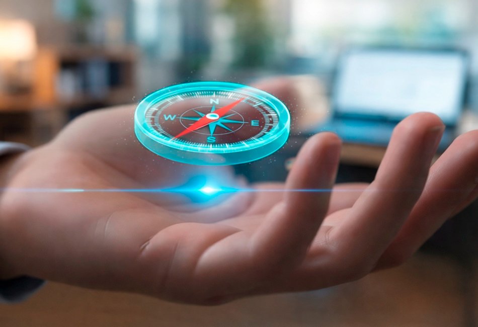 Una mano abierta sostiene una brújula holográfica brillante de color azul neón que flota sobre la palma. La aguja de la brújula apunta hacia el norte, simbolizando guía, dirección o liderazgo. El fondo está desenfocado, mostrando lo que parece ser una oficina moderna con una computadora portátil.