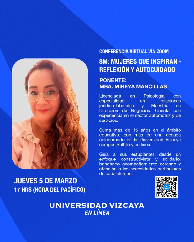 Cartel de conferencia virtual "8M: Mujeres que inspiran" con la ponente MBA Mireya Mancillas, Universidad Vizcaya en Línea.