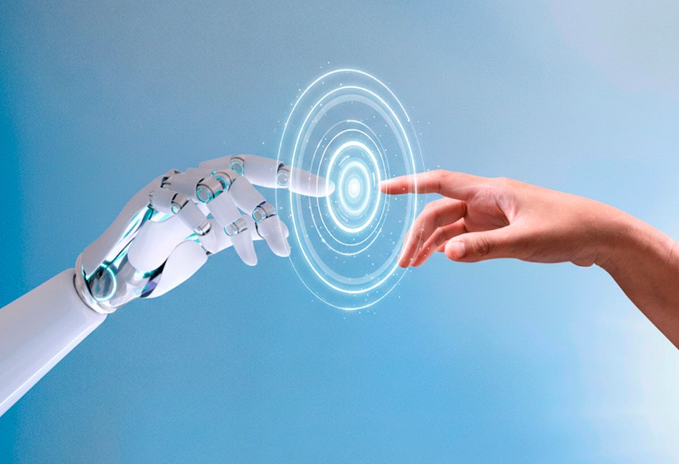 Representación visual de la interacción entre inteligencia artificial y humanos mediante el contacto de dedos en una interfaz digital.
