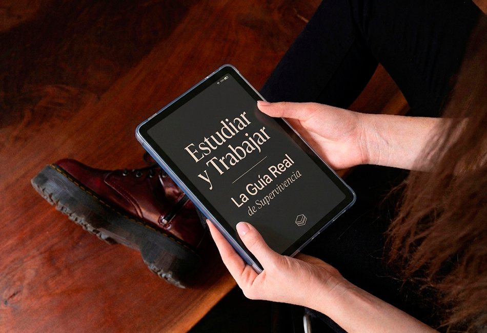 Persona sentada sosteniendo una tablet que muestra la portada de un libro digital titulado "Estudiar y Trabajar: La Guía Real de Supervivencia"
