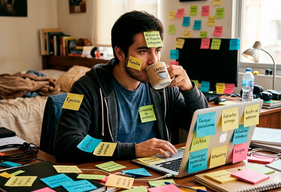 Estudiante saturado: El caos de la multitarea al estudiar.
