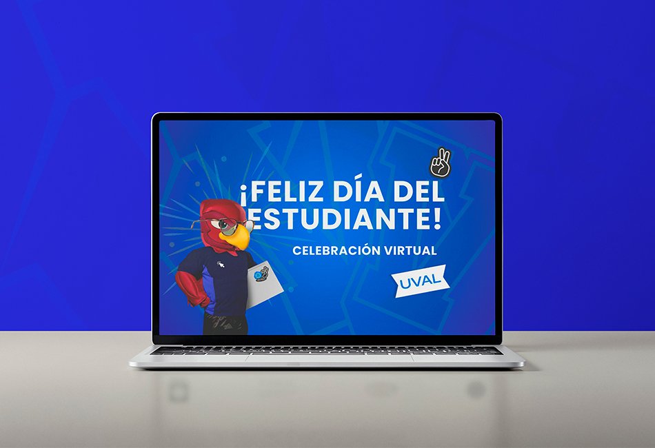 Computadora portátil mostrando el diseño de la celebración virtual del Día del Estudiante en Universidad Vizcaya en Línea con la mascota institucional uvaldo.