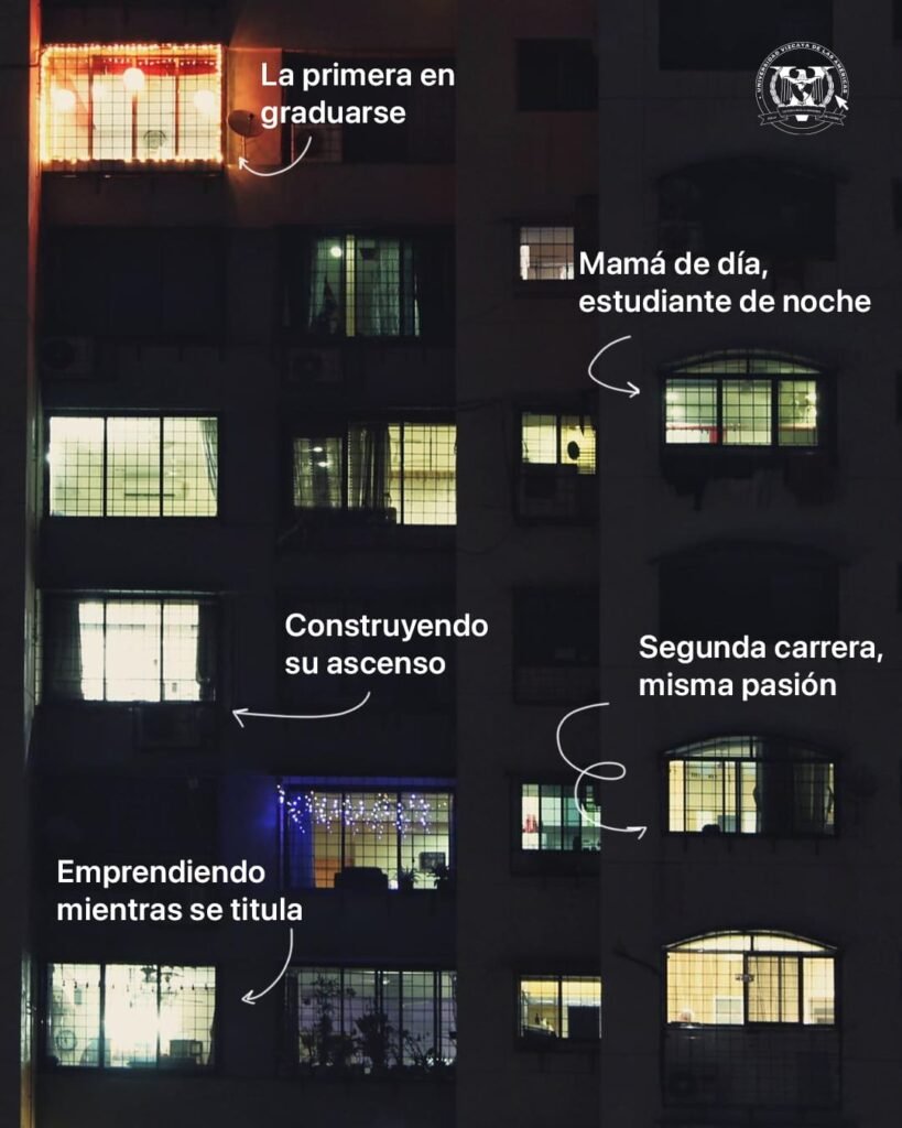 Una fachada de un edificio residencial por la noche con varias ventanas iluminadas, cada una asociada a una frase en texto blanco con flechas de la Universidad Vizcaya de las Américas. El logotipo de la Universidad Vizcaya aparece en la esquina superior derecha. Las frases e historias representadas son: "La primera en graduarse" en una ventana superior iluminada de naranja; "Mamá de día, estudiante de noche"; "Construyendo su ascenso"; "Segunda carrera, misma pasión"; y "Emprendiendo mientras se titula" apuntando a una de las ventanas inferiores.